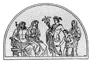 Персефона со своим 
мужем Аидом принимает души умерших, которые сопровождает Гермес