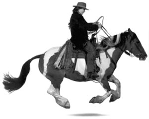 Девушка-ковбой, одетая в стиле Дикого Запада, верхом на пегом коне
