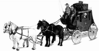 Две пары лошадей, впряженных в почтовый дилижанс (США, конец XIX в.)